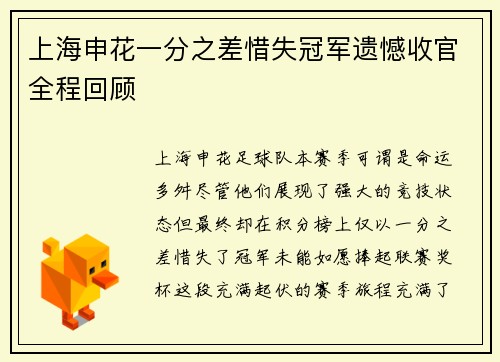 上海申花一分之差惜失冠军遗憾收官全程回顾